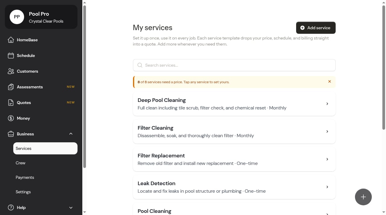 Pool service offerings created after onboarding
