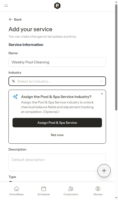 Suggested-industry prompt during service creation