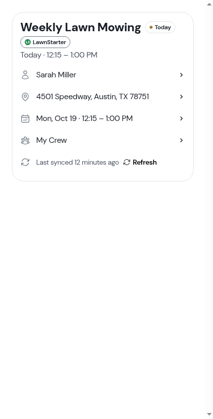 A marketplace visit's header card, with the LawnStarter pill and the Last synced row