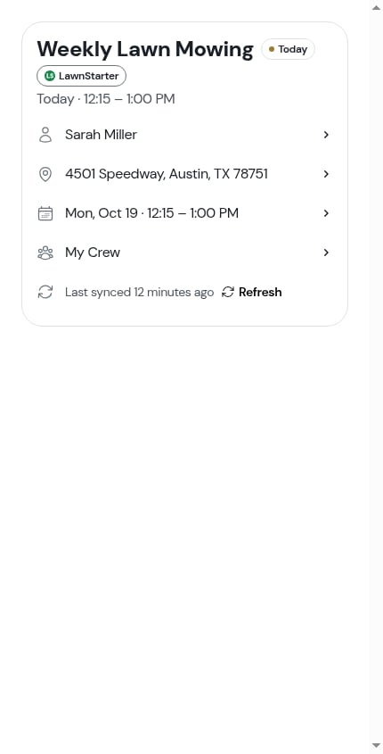 A marketplace visit's header card, with the LawnStarter pill and the Last synced row