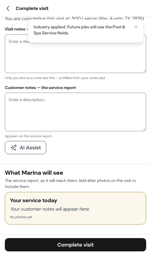 The completion form after applying the trade
