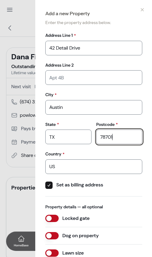 The property details questions on the add property form