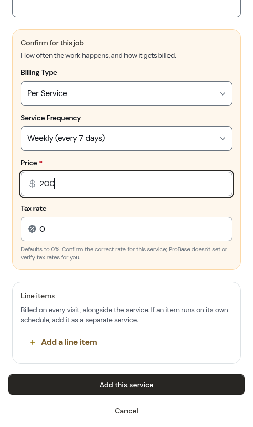 The add-service form filled in