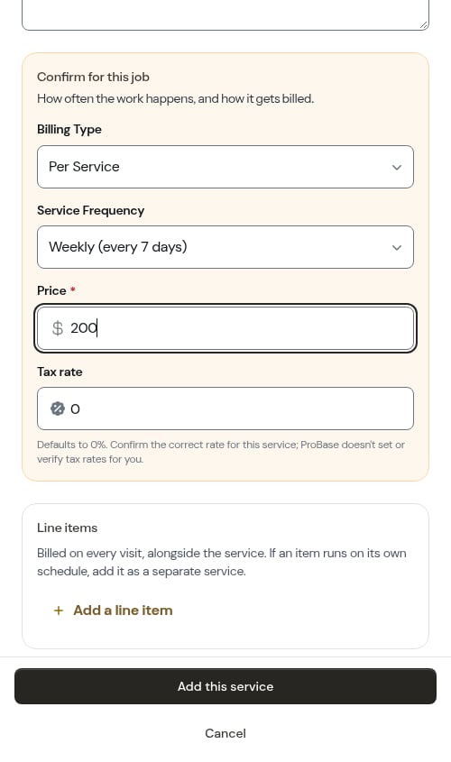 The add-service form filled in