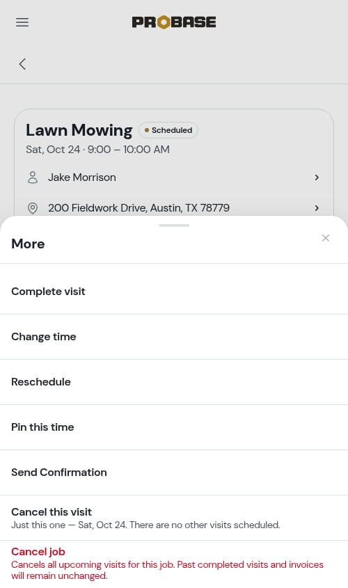 The More sheet with the Reschedule row