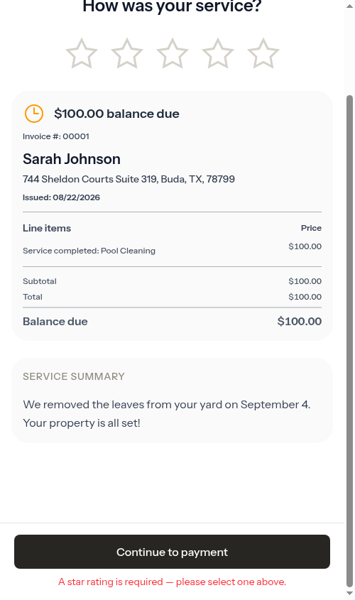 The required-rating message under the Continue to payment button