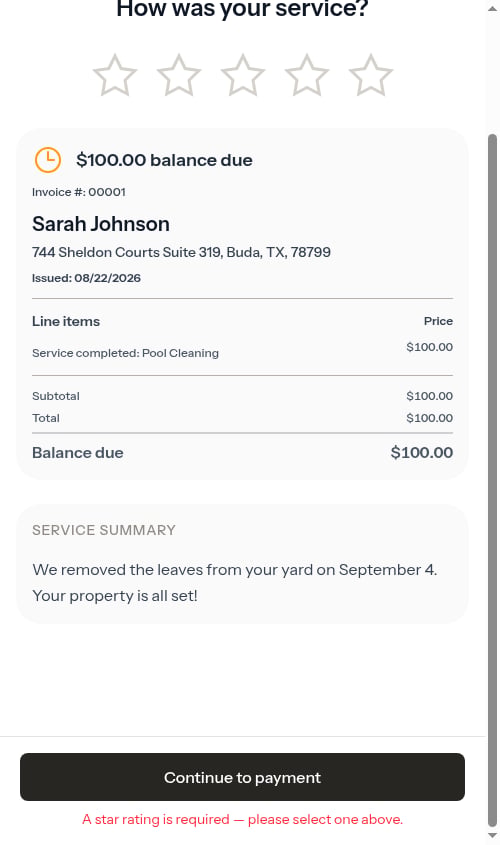 The required-rating message under the Continue to payment button