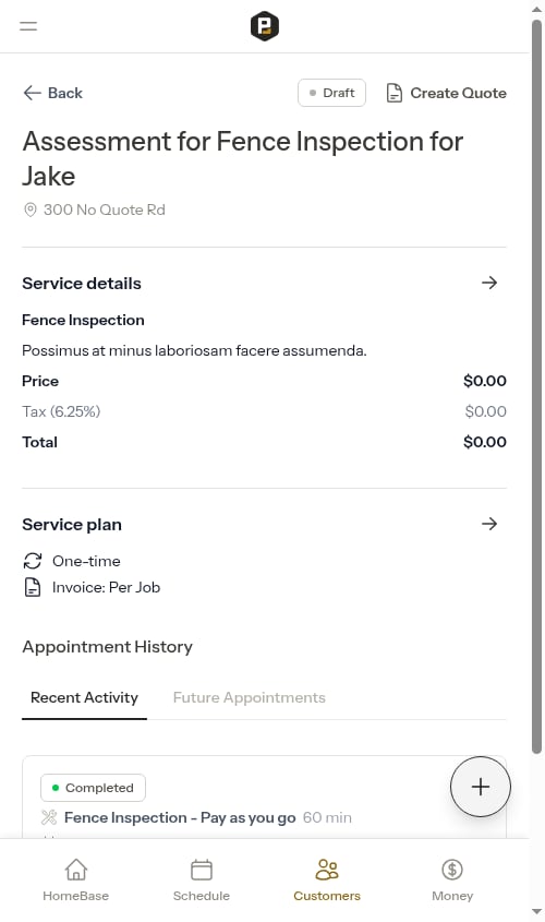 Assessment service page with Create Quote button