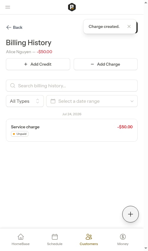 Charge created in billing history
