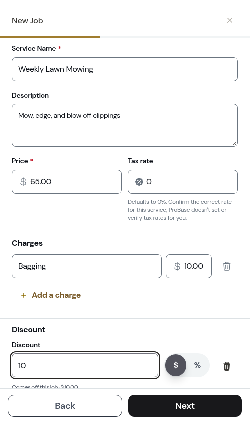 A charge and a discount on the pricing step