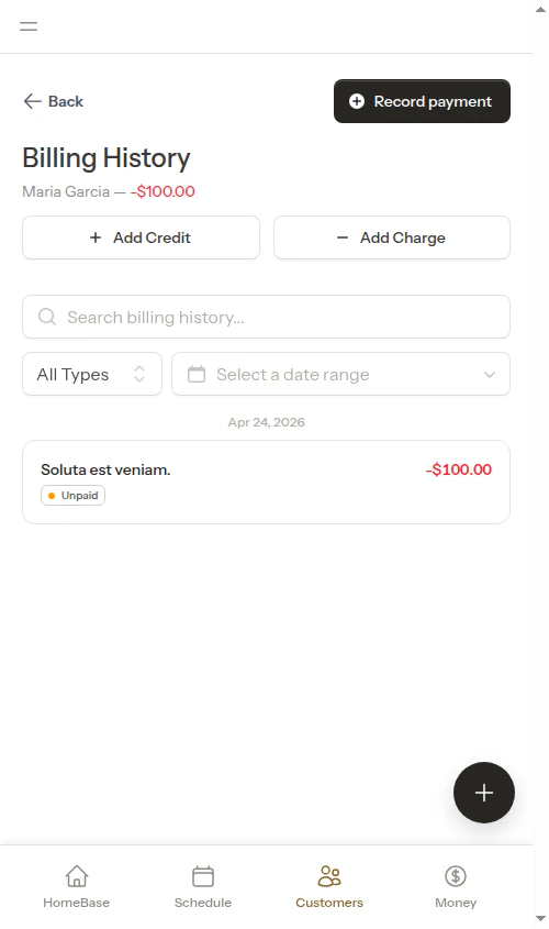 Billing page showing customer balance