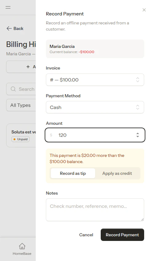 Overpayment prompt with tip or credit options