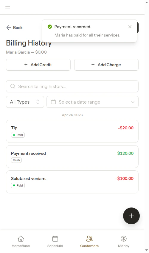 Billing history showing payment and tip entries