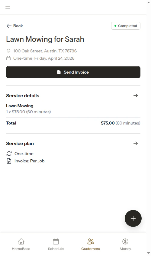 Completed appointment with Send Invoice button