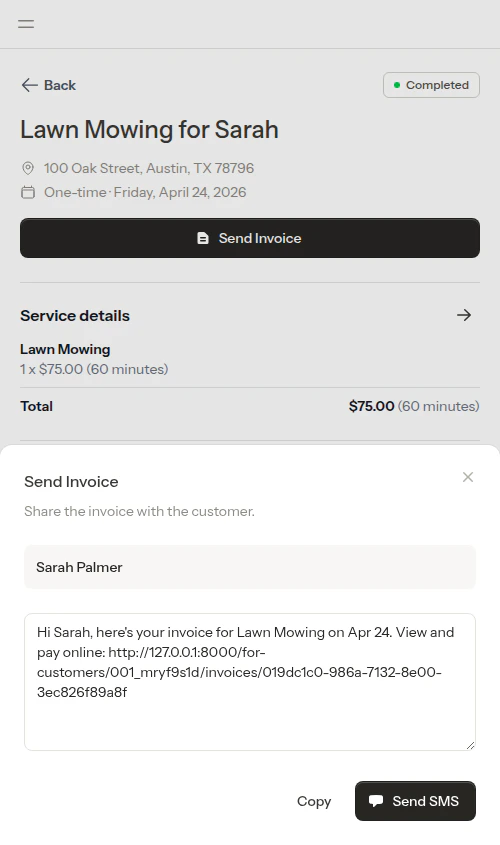 SMS compose modal after appointment send