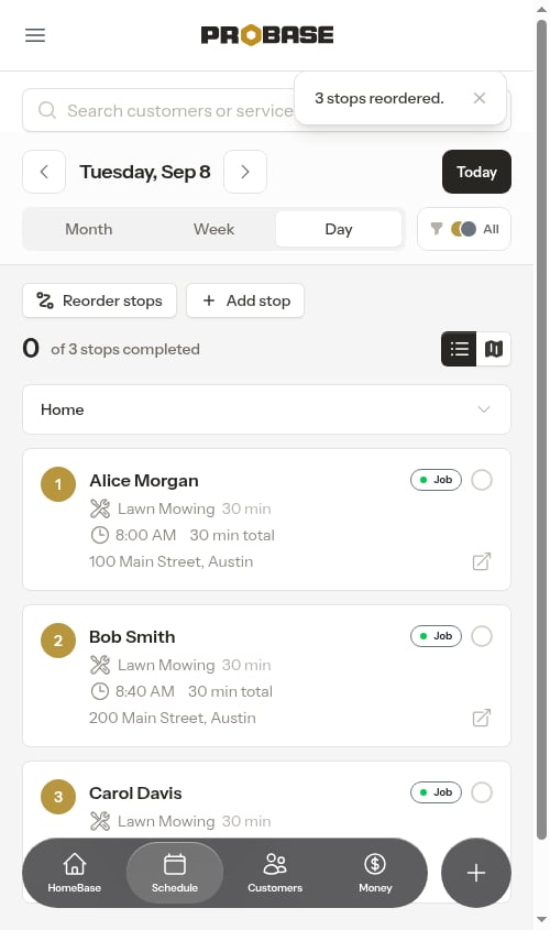 Calendar after saving the reordered route