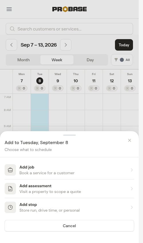 Add menu opened from an empty week cell