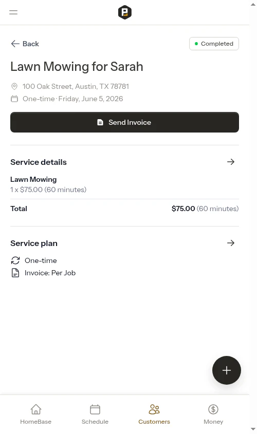 Completed appointment with Send Invoice button