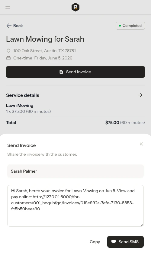 SMS compose modal after appointment send