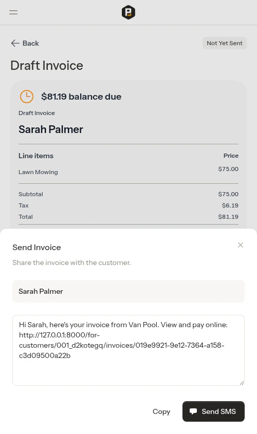 SMS compose modal with payment link