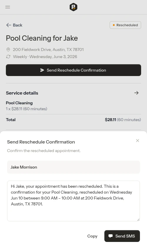 Send Reschedule Confirmation SMS modal