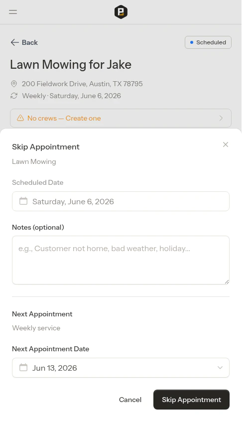 Skip modal with next appointment date