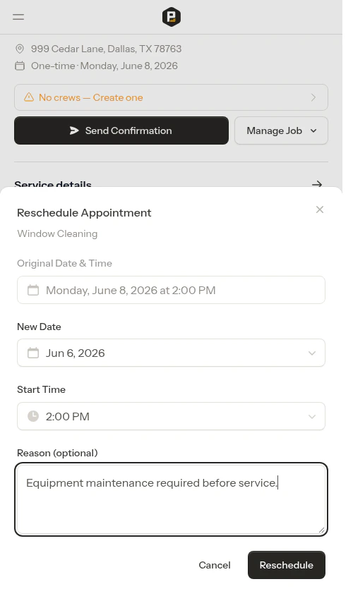 Reschedule form filled in