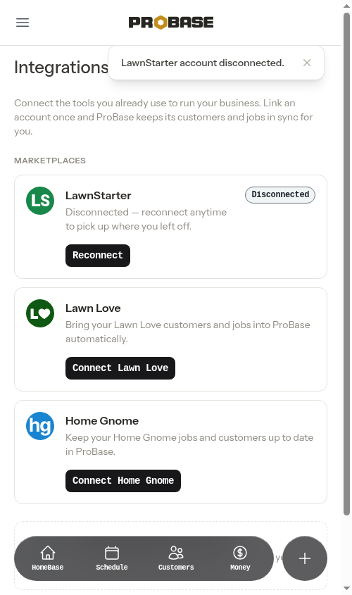 A disconnected LawnStarter account showing a Reconnect button