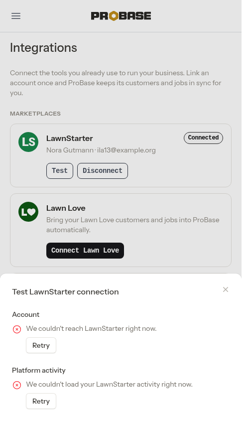 Test connection window showing an error with a Retry button