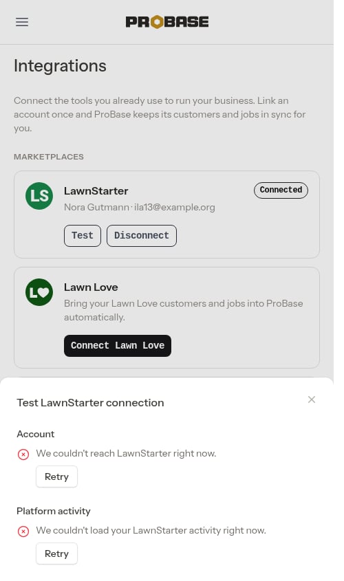 Test connection window showing an error with a Retry button