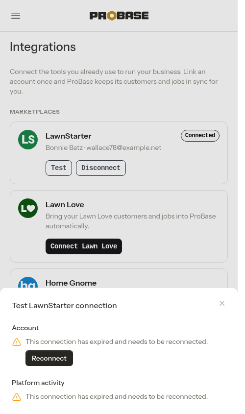 Test connection window showing an expired connection with a Reconnect button