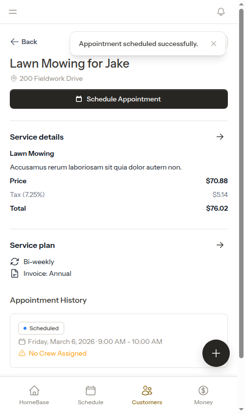 Service detail after scheduling