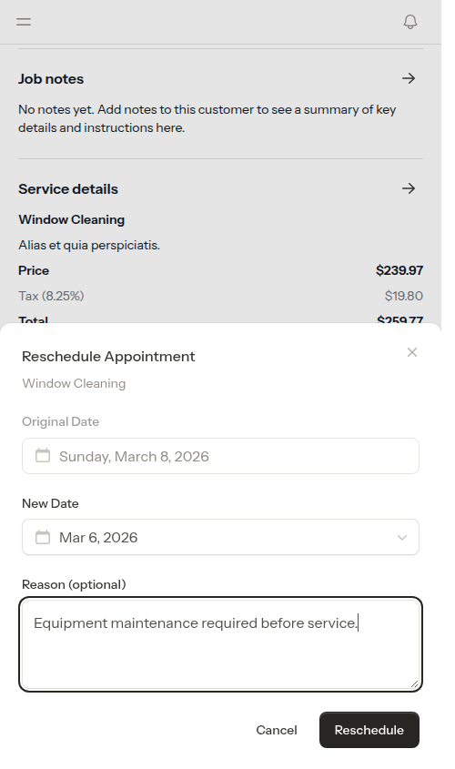 Reschedule form filled in