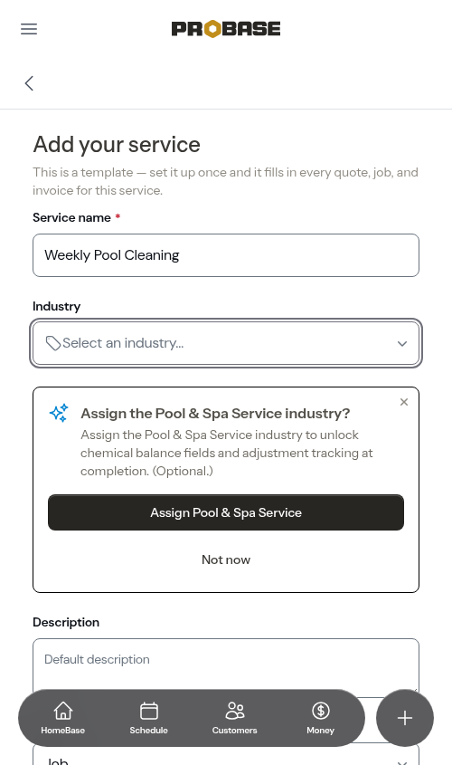 Suggested-industry prompt during service creation