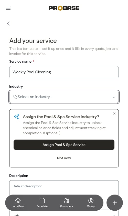 Suggested-industry prompt during service creation