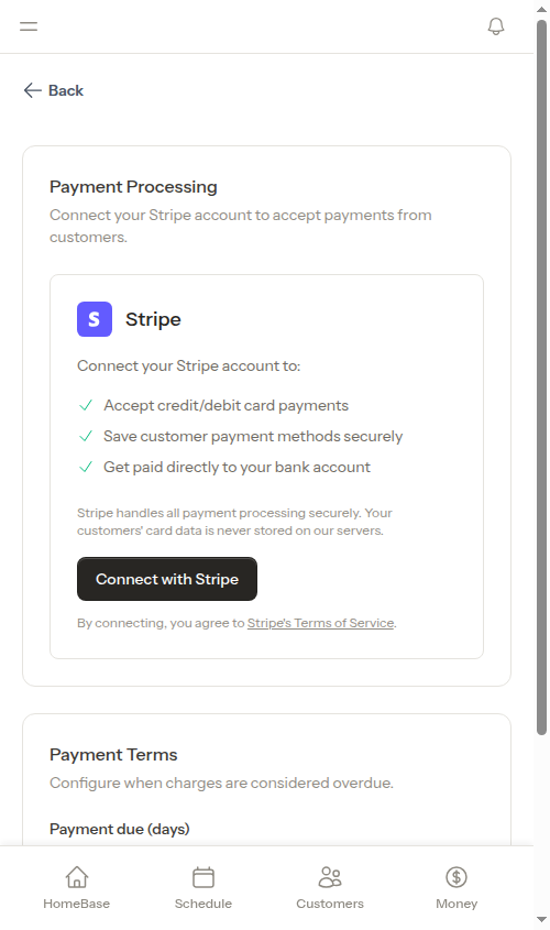 Payment settings page with Payment Terms