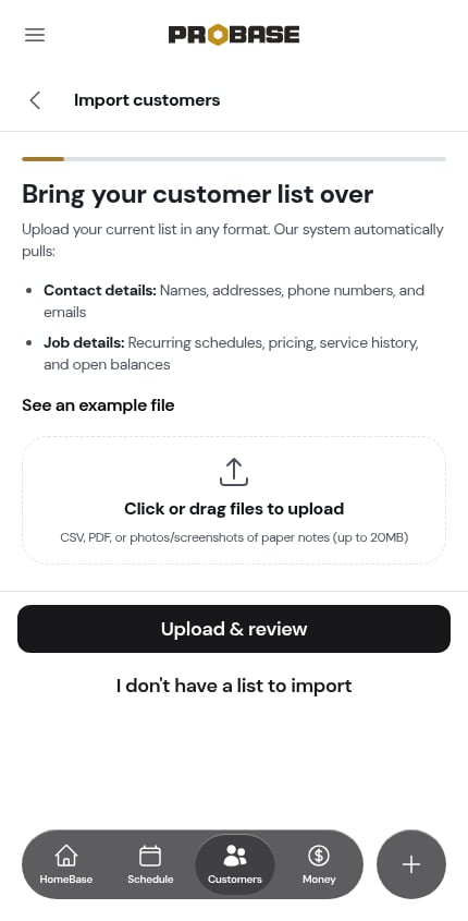 The upload screen