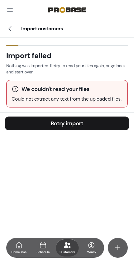 A failed import with Retry import