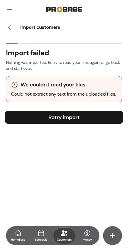A failed import with Retry import