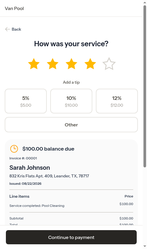 Customer review screen showing the pro's custom percentages