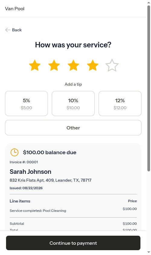 Customer review screen showing the pro's custom percentages