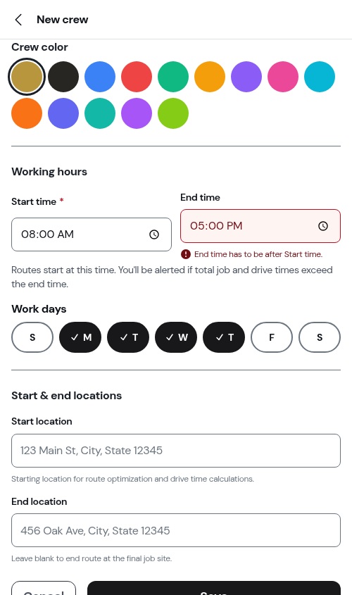 The working hours fields on the crew form