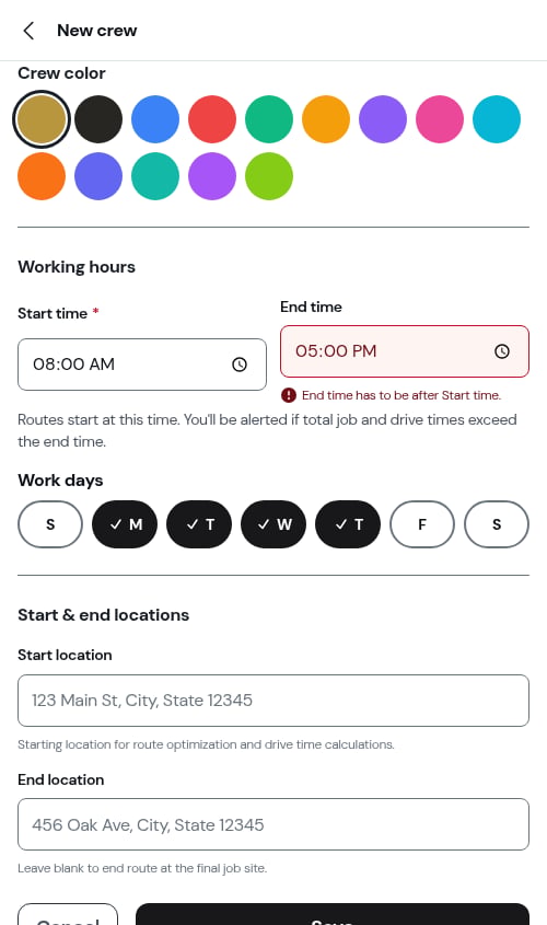 The working hours fields on the crew form