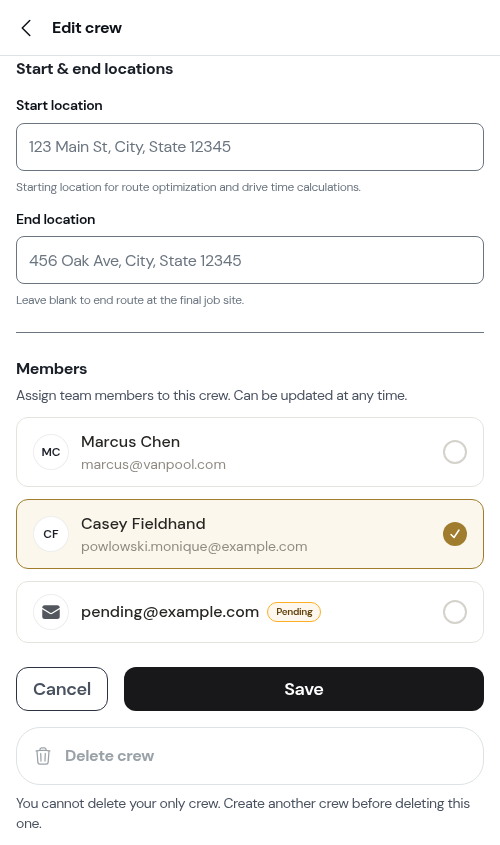 Choosing crew members on the crew form