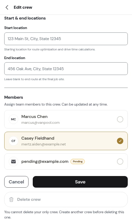 Choosing crew members on the crew form