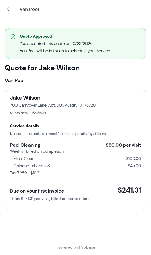 The same quote after the customer approved it