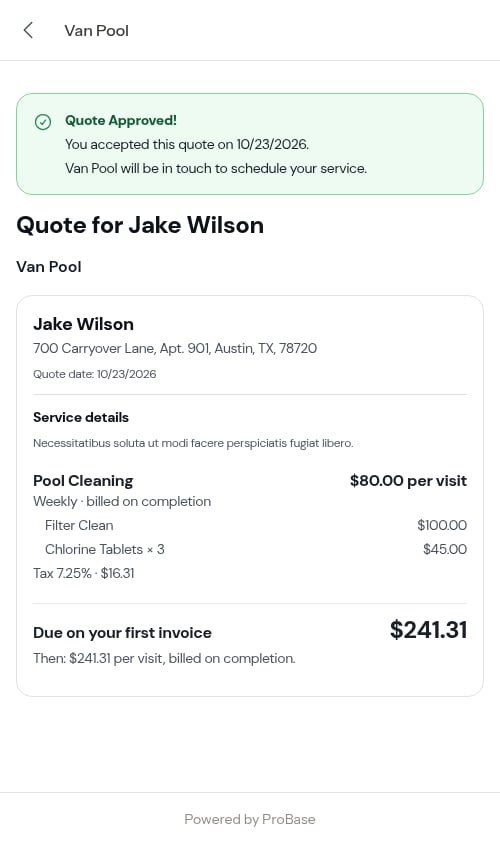 The same quote after the customer approved it