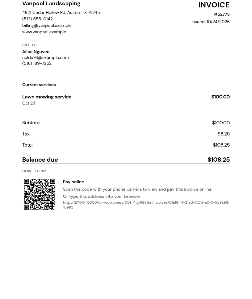 A printed invoice, with letterhead, line items, totals, and a Pay-online QR code
