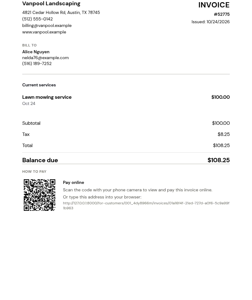 A printed invoice, with letterhead, line items, totals, and a Pay-online QR code