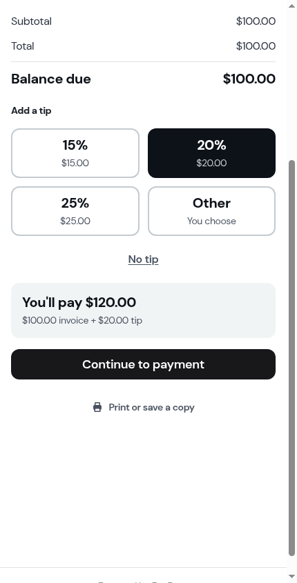 The Add a tip step on the customer's invoice